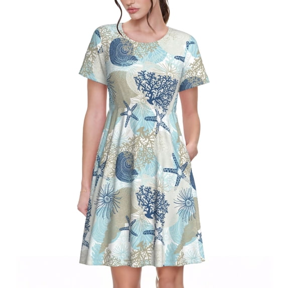 Lsque Algae Corals and Seashells Print Women's Casual Dress T-Shirt Summer Short Sleeve Scoop Neck Swing Dresses