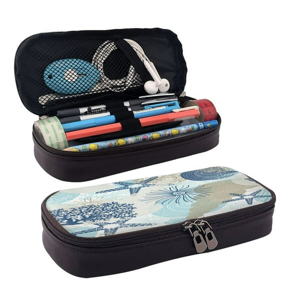 Lsque Algae Corals and Seashells Printed Big Capacity PU Leather Pencil Case Large Pencil Pouch Stationery Pen Bag Pencil Holder for Teen