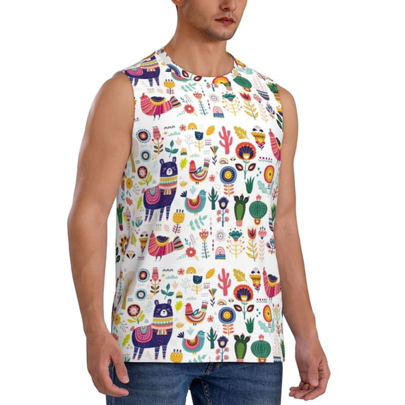 Lsque Alpaca Flower Print Men's Cotton Blend Sleeveless Muscle Shirts (S-3XL)- Moisture Wicking, Odor Protection, UPF 30+,XX-Large