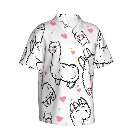 Lsque Alpacas and Hearts pattern Hawaiian Shirt for Men, Unisex Summer Beach Casual Short Sleeve Button Down Shirts-X-Large