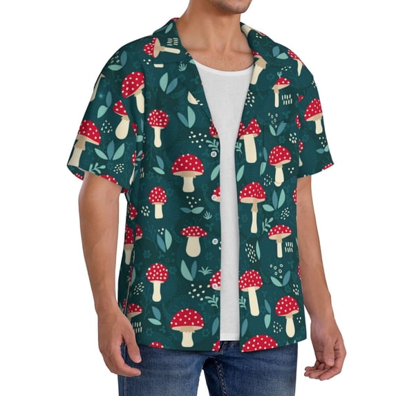 Lsque Amanita Mushroom print Men's Cuban Collar Short Sleeve Shirt Summer Beachwear Casual Button Down Fashionable Vacation Leisure Shirt-4X-Large