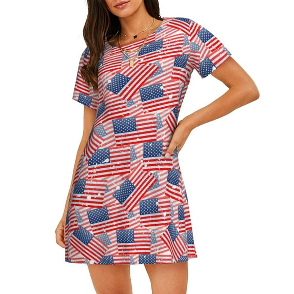 Lsque America Flags Pattern Nightgowns for Women Sleep Shirts Short Sleeve Nightshirt Pullover Nightdress Soft Sleepwear Relaxed Fit Nightdress