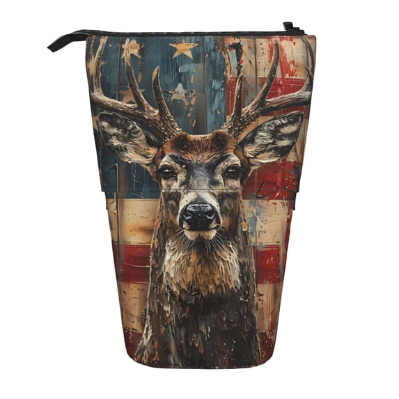 Lsque American Flag Deer Art Pattern Telescopic Pencil Bag Pen Holder Stationery Case, Stand-up Retractable Transformer Bag Organizer
