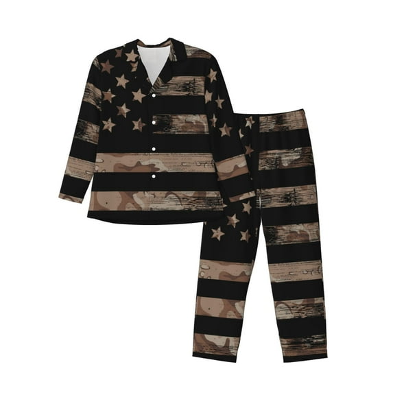 Lsque American Flag with Desert Camouflage Pattern Long Sleeve Pajama Set for Men - Soft 2-Piece Sleepwear and Loungewear Set with Pockets, Comfy Nightwear-Large