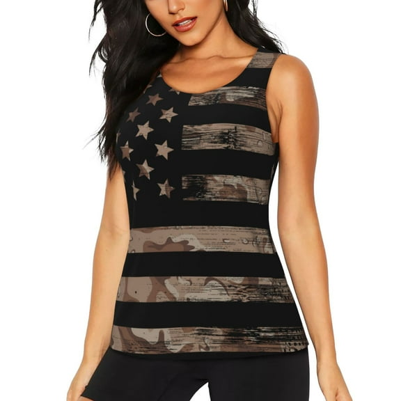 Lsque American Flag with Desert Camouflage Printed Workout Tank Tops for Women, Athletic Sports Tank Tops, Compression Sleeveless Dry Fit Shirts,Sleeveless Yoga Shirt-