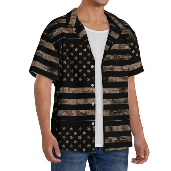 Lsque American Flag with Desert Camouflage print Men's Cuban Collar Short Sleeve Shirt Summer Beachwear Casual Button Down Fashionable Vacation Leisure Shirt-Medium