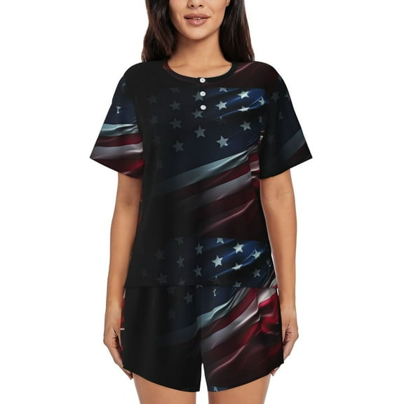 Lsque American Flag Waving Print Women's Short-Sleeved Pajama Set - 2 Piece Soft and Lightweight Sleepwear Set-Large