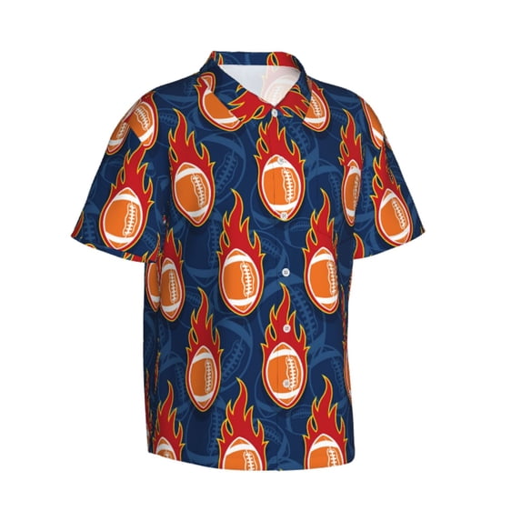 Lsque American Football and Fire Flames pattern Hawaiian Shirt for Men, Unisex Summer Beach Casual Short Sleeve Button Down Shirts-3X-Large
