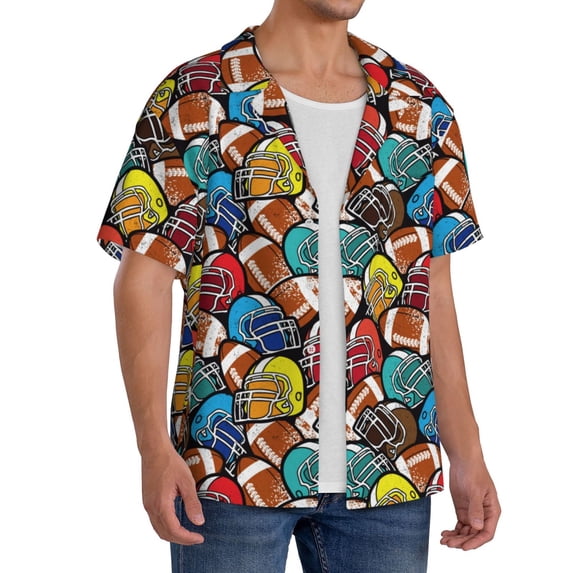 Lsque American Football print Men's Cuban Collar Short Sleeve Shirt Summer Beachwear Casual Button Down Fashionable Vacation Leisure Shirt-Small