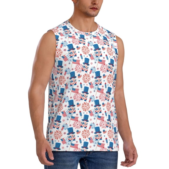Lsque American Gnomes Print Men's Cotton Blend Sleeveless Muscle Shirts (S-3XL)- Moisture Wicking, Odor Protection, UPF 30+,XX-Large