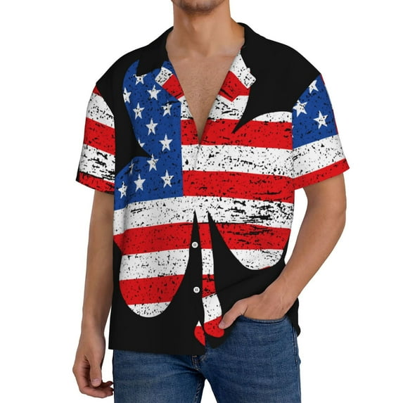 Lsque American St Patrick's Day Print Men's Cuban Collar Short Sleeve Shirt Summer Beachwear Casual Button Down Fashionable Vacation Leisure Shirt-3X-Large