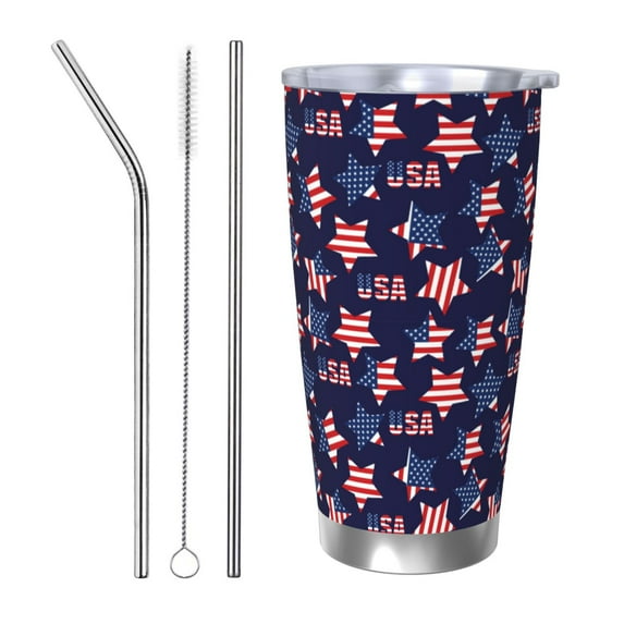 Lsque American Stars Pattern 20oz Car Cup with Lid and Straw, Insulated Coffee Cup with Straw Topper, Spill Proof Travel Coffee Mug, Stainless Steel Tumble-Straw Three-piece Set