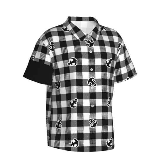 Lsque Anchor Black Tartan Plaid pattern Hawaiian Shirt for Men, Unisex Summer Beach Casual Short Sleeve Button Down Shirts-3X-Large