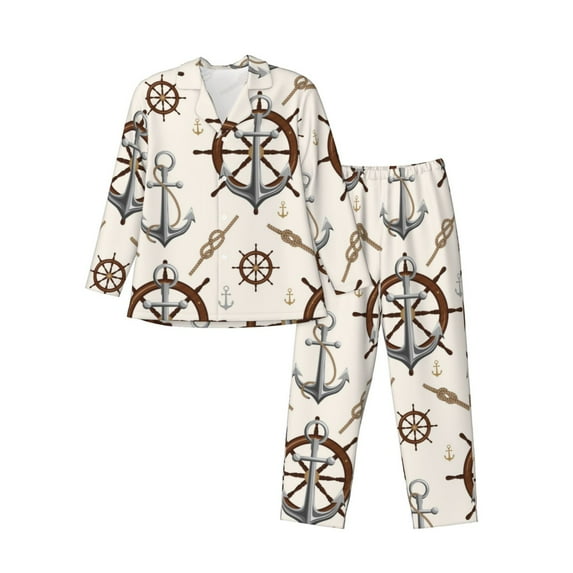 Lsque Anchor with Rope Pattern Long Sleeve Pajama Set for Men - Soft 2-Piece Sleepwear and Loungewear Set with Pockets, Comfy Nightwear-Small