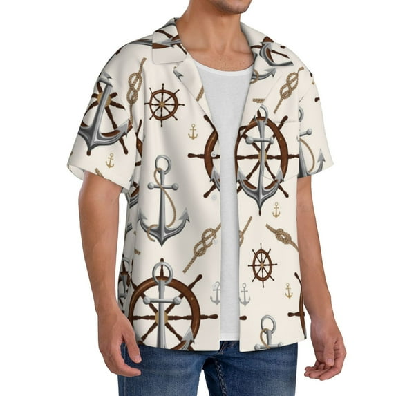 Lsque Anchor with Rope print Men's Cuban Collar Short Sleeve Shirt Summer Beachwear Casual Button Down Fashionable Vacation Leisure Shirt-Medium