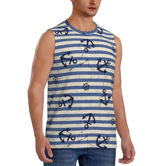 Lsque Anchors And Steering Wheel Print Men's Cotton Blend Sleeveless Muscle Shirts (S-3XL)- Moisture Wicking, Odor Protection, UPF 30+,3X-Large