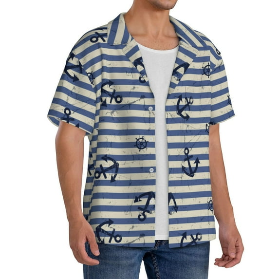 Lsque Anchors And Steering Wheel print Men's Cuban Collar Short Sleeve Shirt Summer Beachwear Casual Button Down Fashionable Vacation Leisure Shirt-XX-Large