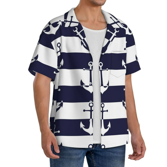 Lsque Anchors print Men's Cuban Collar Short Sleeve Shirt Summer Beachwear Casual Button Down Fashionable Vacation Leisure Shirt-3X-Large