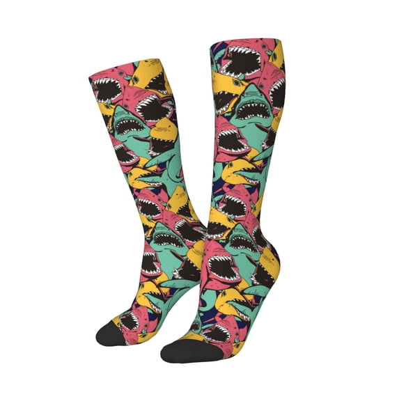 Lsque Angry Shark Pattern Printed Crew Socks Men's Women's LightWeight Thin Casual Calf Socks ,Knee High Socks,Cotton Socks