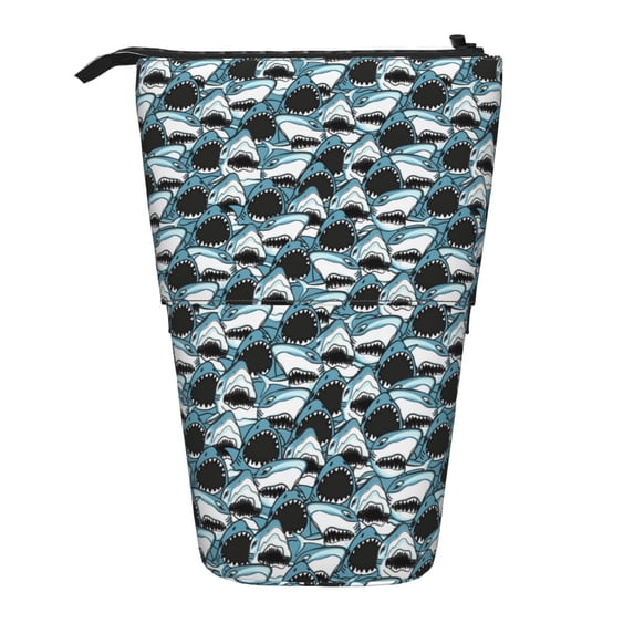Lsque Angry Shark Pattern Telescopic Pencil Bag Pen Holder Stationery Case, Stand-up Retractable Transformer Bag Organizer