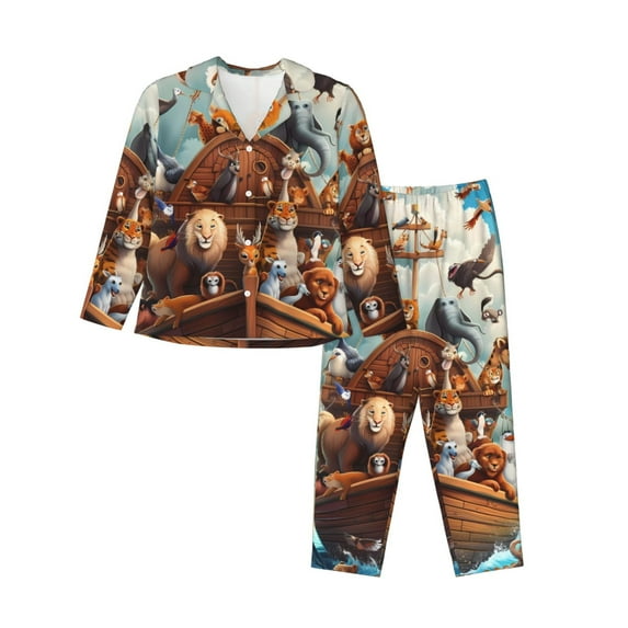 Lsque Animal Filled Noahs Ark Pattern Long Sleeve Pajama Set for Women - Soft 2-Piece Sleepwear and Loungewear Set with Pockets, Comfy Nightwear-X-Large