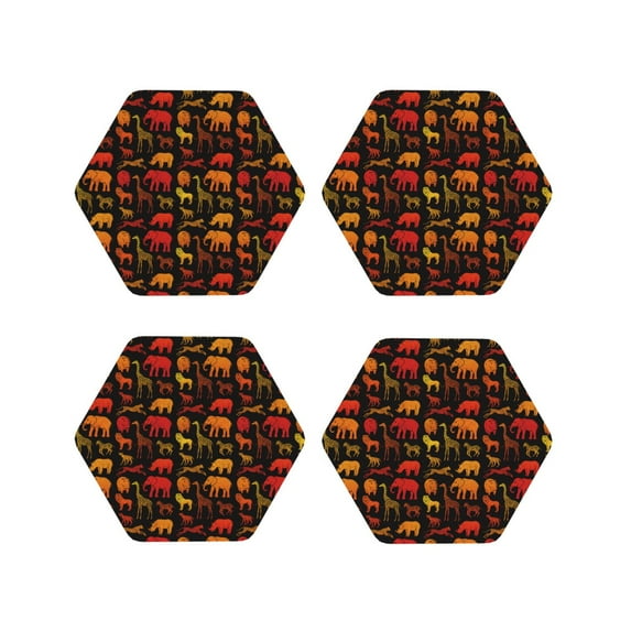 Lsque Animal Pattern 4" Drink Coasters Set of 4, PVC Leather Absorbent Coasters, Table Coaster Set Decorative Coffee Cup Coasters Housewarming Gift -Hexagon