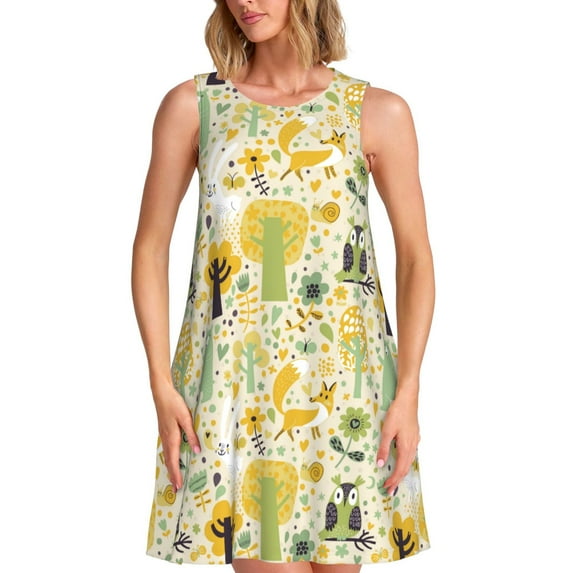 Lsque Animal Tree Pattern Summer Dresses for Women – Sleeveless T-Shirt Swing Sundress, Perfect for the Beach and Casual Days