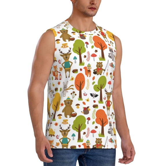 Lsque Animals Forest Print Men's Cotton Blend Sleeveless Muscle Shirts (S-3XL)- Moisture Wicking, Odor Protection, UPF 30+,X-Large
