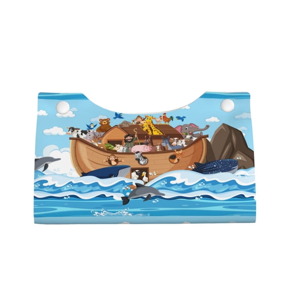 Lsque Animals on Noah's Ark Floating Printed Long Tissue Box Cover Holder, Facial Paper Organizer Dispenser,Triangle with Bottom Belt, PVC Leather Decorative Organizer