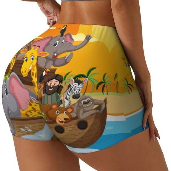 Lsque Animals on Noah's Ark1 Pattern High Waisted Biker Shorts for Women-Tummy Control Fitness Athletic Workout Running Yoga Gym Shorts,Moisture-Wicking-Large