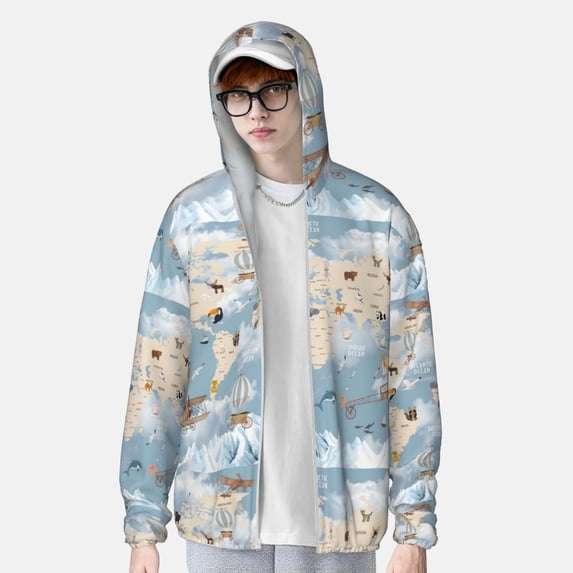 Lsque Animals Travel World Map UPF 50+ Lightweight Sun Protection Men's Women's Long Sleeve Shirt, Hoodie Performance -3X-Large