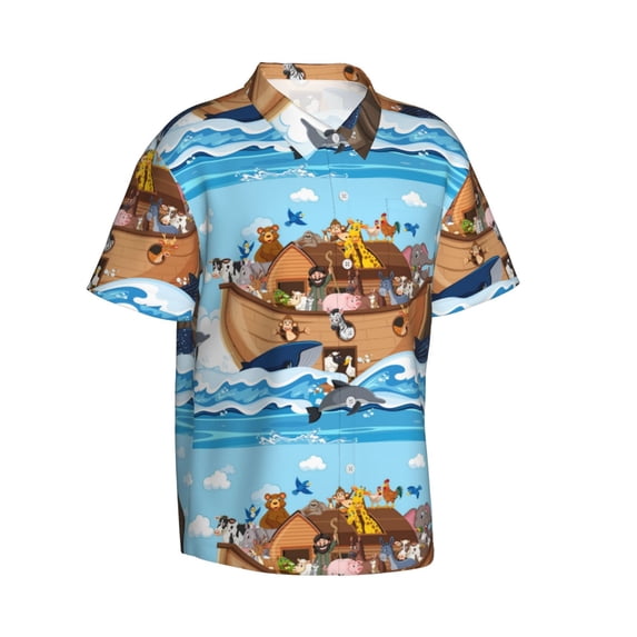 Lsque Animals on Noah's Ark Floating pattern Hawaiian Shirt for Men, Unisex Summer Beach Casual Short Sleeve Button Down Shirts-XX-Large