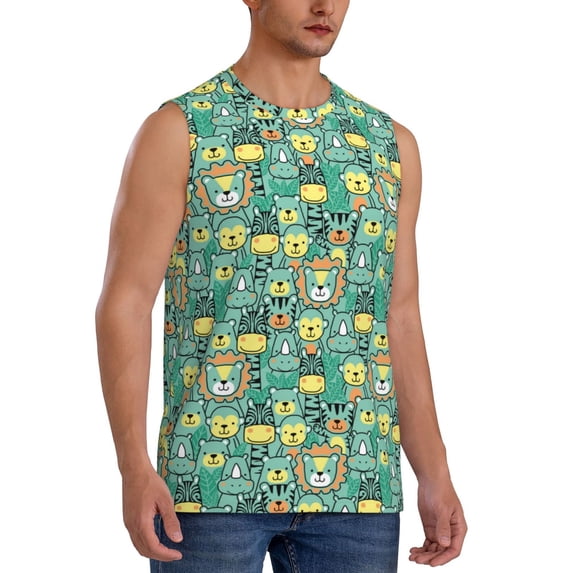 Lsque Animals with Leaf Print Men's Cotton Blend Sleeveless Muscle Shirts (S-3XL)- Moisture Wicking, Odor Protection, UPF 30+,Small
