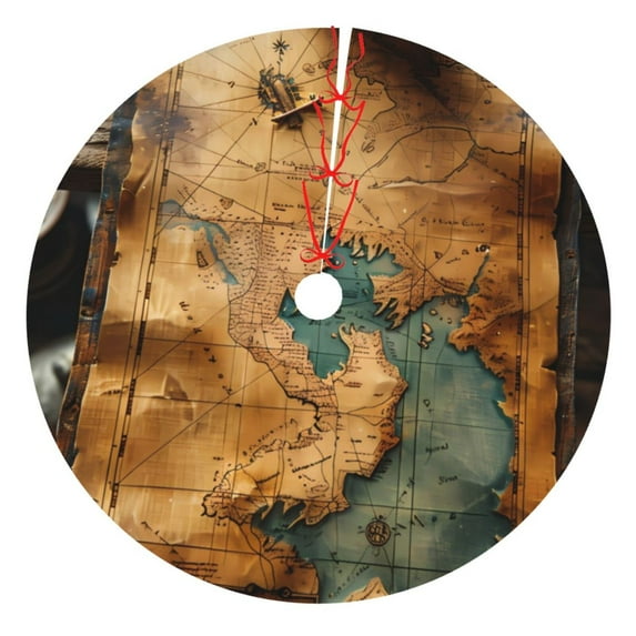Lsque Antique Map Adventure Scene Print Christmas Tree Skirt, Tree Skirt with Ties or Velcro, Perfect for Holiday Decorations, Halloween, and New Year-36"