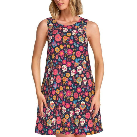 Lsque Apricot color Skull flower Pattern Summer Dresses for Women – Sleeveless T-Shirt Swing Sundress, Perfect for the Beach and Casual Days