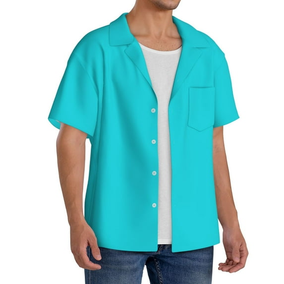 Lsque Aqua print Men's Cuban Collar Short Sleeve Shirt Summer Beachwear Casual Button Down Fashionable Vacation Leisure Shirt-Medium