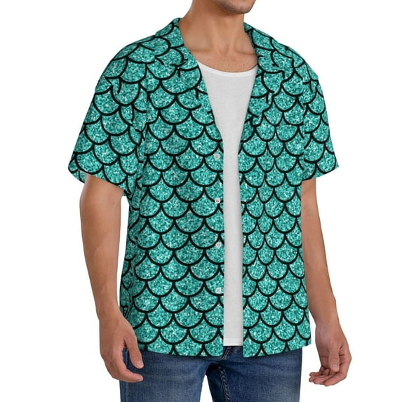 Lsque Aquamarine Glitter print Men's Cuban Collar Short Sleeve Shirt Summer Beachwear Casual Button Down Fashionable Vacation Leisure Shirt-Small
