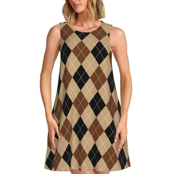 Lsque Argyle of brown Pattern Summer Dresses for Women – Sleeveless T-Shirt Swing Sundress, Perfect for the Beach and Casual Days