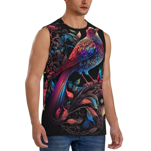 Lsque Artistic Colorful Bird Print Men's Cotton Blend Sleeveless Muscle Shirts (S-3XL)- Moisture Wicking, Odor Protection, UPF 30+,Small
