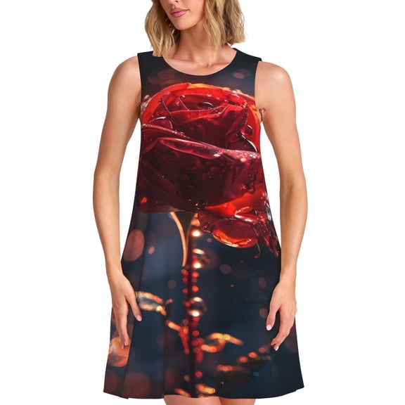 Lsque Artistic Dewdrop Rose Pattern Summer Dresses for Women – Sleeveless T-Shirt Swing Sundress, Perfect for the Beach and Casual Days