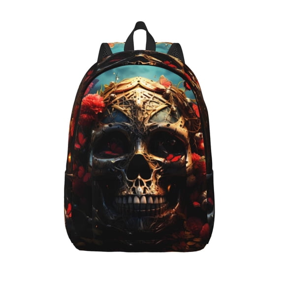 Lsque Artistic Flower Butterfly Skull Pattern Canvas Daypack, Durable Backpack, High-quality Versatile Backpack,Vintage Compact Backpack-Small