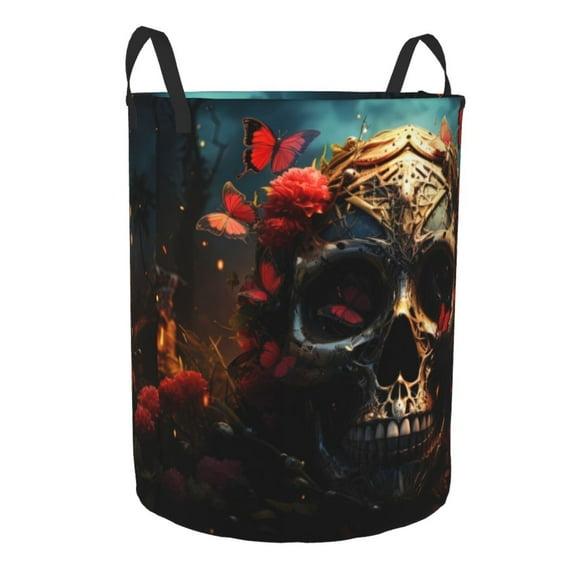 Lsque Artistic Flower Butterfly Skull pattern Laundry Hamper Basket, Tall Woven Rope Hamper Basket for Clothes, Lightweight Storage Basket, Collapsible Waterproof-Medium