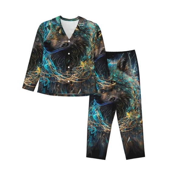 Lsque Artistic Light Dot Wolf、 Pattern Long Sleeve Pajama Set for Women - Soft 2-Piece Sleepwear and Loungewear Set with Pockets, Comfy Nightwear-XX-Large