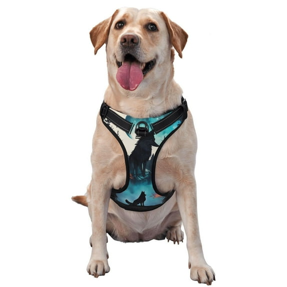 Lsque Artistic Moon Valley Wolf Dog Harness, No-Pull Pet Harness with 2 Leash Clips, Adjustable Soft Padded Dog Vest with Easy Control Handle for Large Dogs-Large