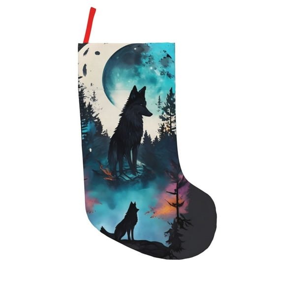 Lsque Artistic Moon Valley Wolf Pattern 18 Inch Christmas Stockings, Festive Holiday Stocking for Christmas Decorations Holiday Decor