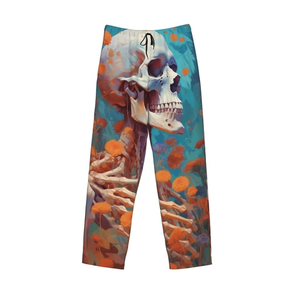 Lsque Artistic Orange Carnation Skull Print Men's Pajama Pants, Lounge Pant - Comfortable Home Wear,Elastic Waistband, Stylish Design-Small