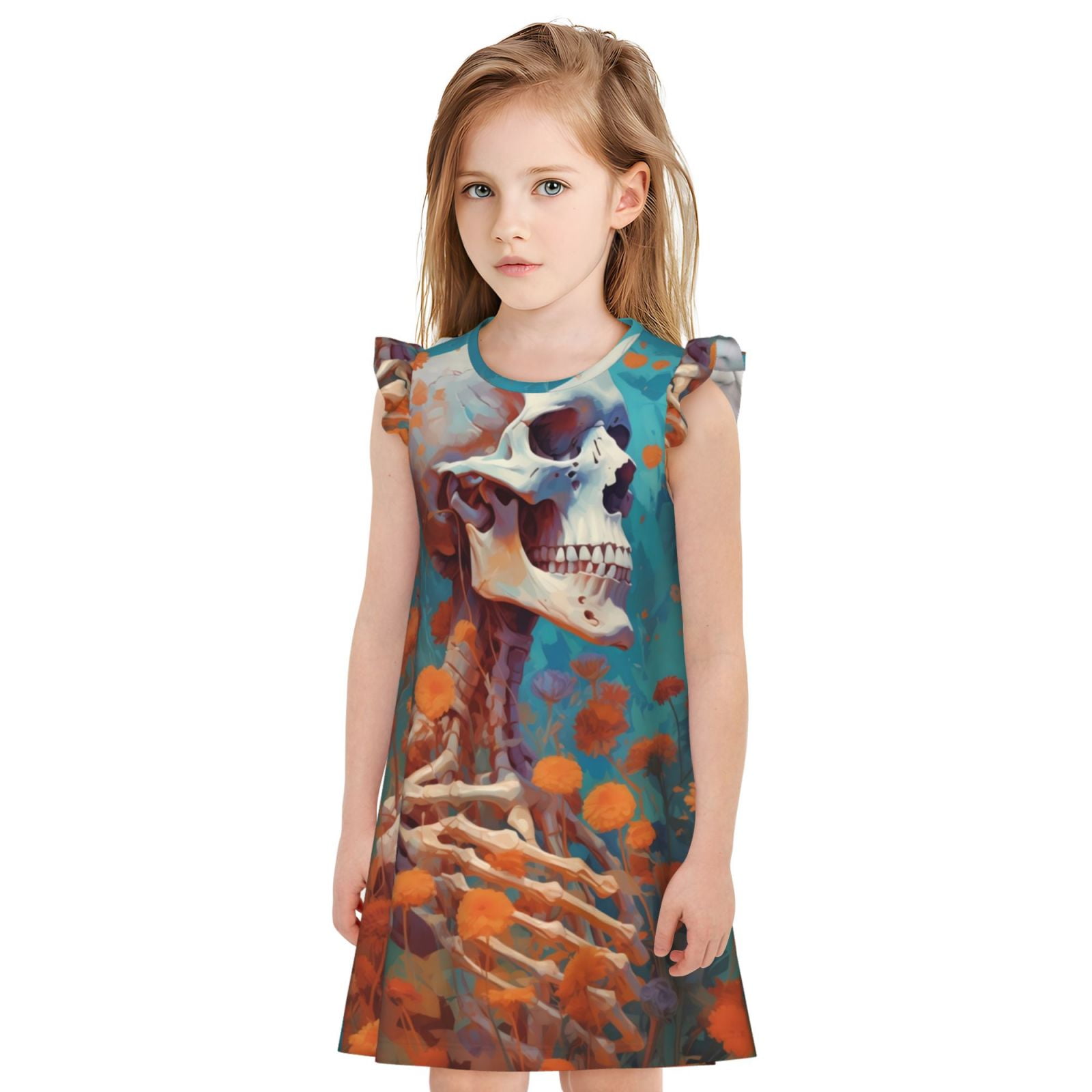 Lsque Artistic Orange Carnation Skull Printed Girls' Nightgown, Soft
