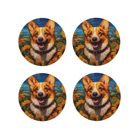 Lsque Artistic Sunflower Corgi Pattern 4" Drink Coasters Set of 4, PVC Leather Absorbent Coasters, Table Coaster Set Decorative Coffee Cup Coasters Housewarming Gift -Round Shape