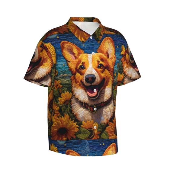 Lsque Artistic Sunflower Corgi pattern Hawaiian Shirt for Men, Unisex Summer Beach Casual Short Sleeve Button Down Shirts-3X-Large