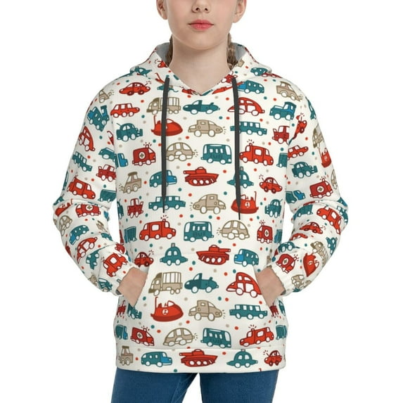 Lsque Artoon Car Patten Youth Hoodie Sweatshirt Pullover with Kangaroo Pocket Boys and Girls Hoodie Warm Hoodie for Kids-X-Large